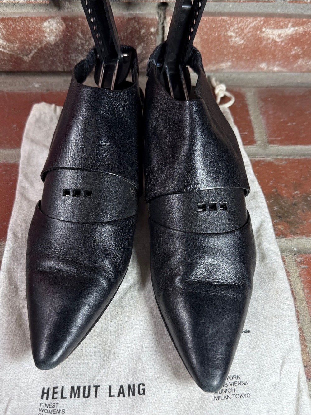 Vintage Helmut Lang Black Leather Pointed Toe Slingback Heels Size 37 Made Italy